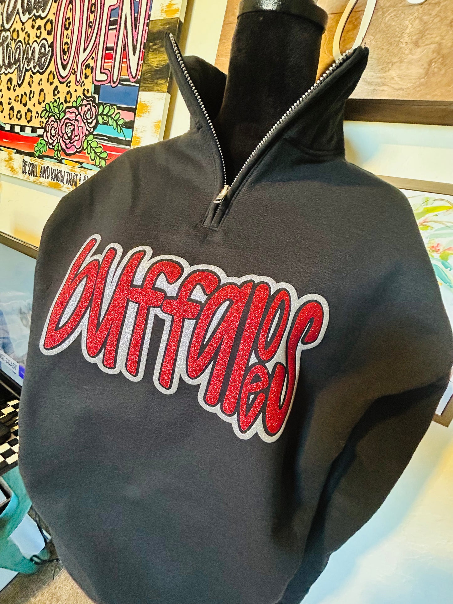 Buffaloes Silver Puff Glitter- Quarter Zip Sweatshirt