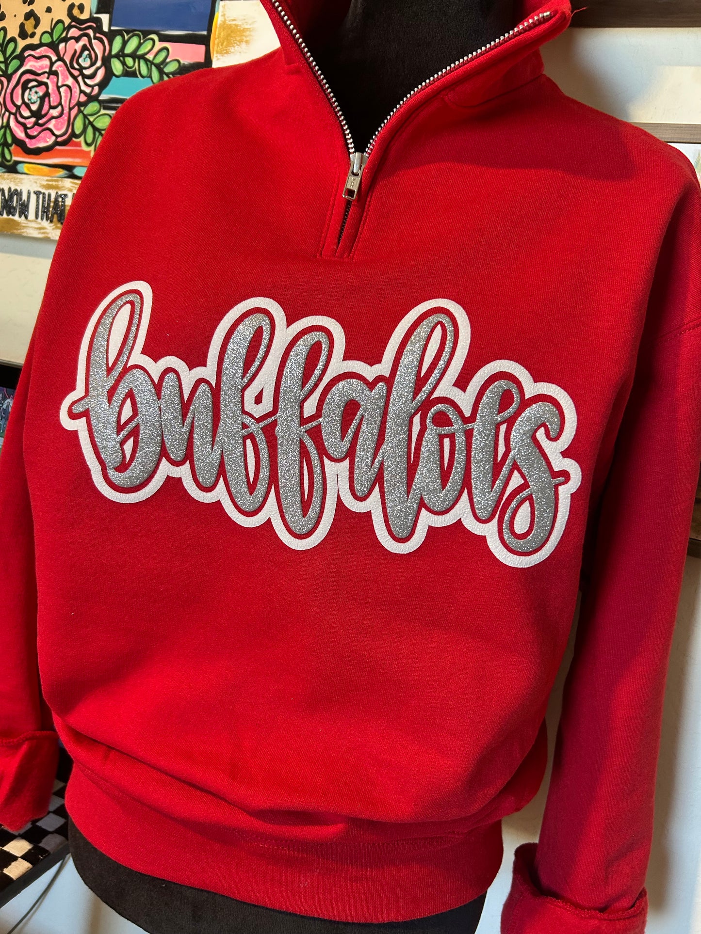 Buffaloes Silver Puff Glitter- Quarter Zip Sweatshirt