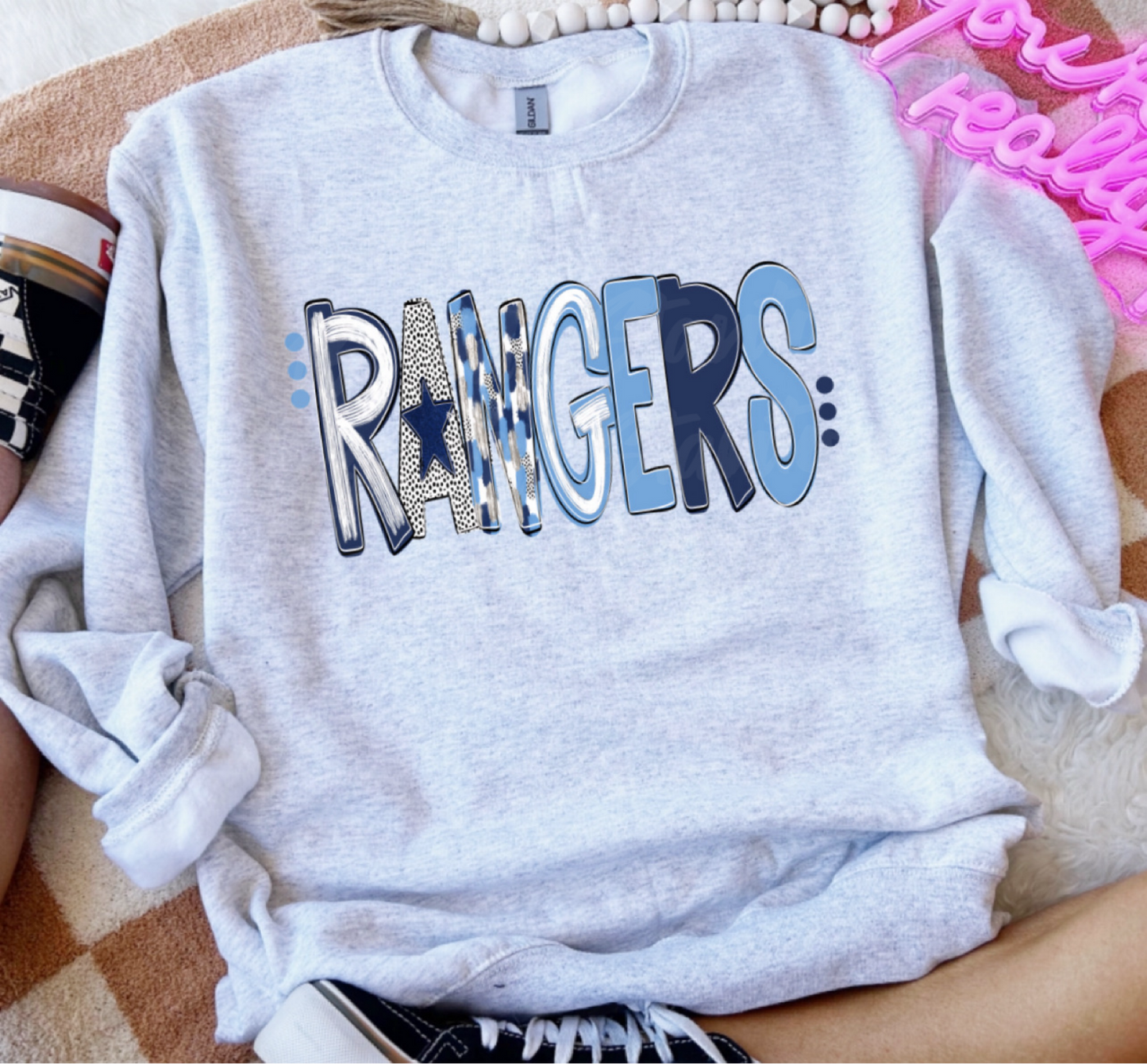 GREENWOOD RANGERS-  NAVY AND COLUMBIA POPPY FONT